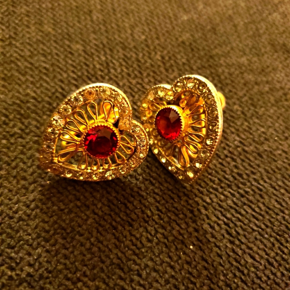12K GF Heart Red Crystal Shaped Earrings